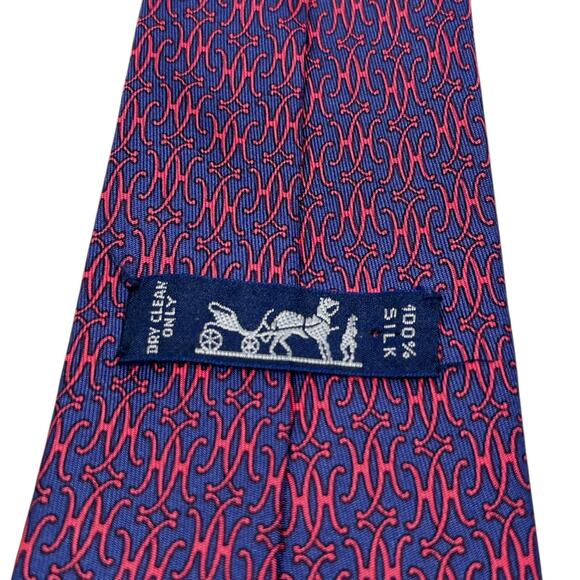 Hermes Paris Neck Tie Men's Blue Red Interlocking H Buckle Logo 3.5” X 57” - Picture 6 of 7